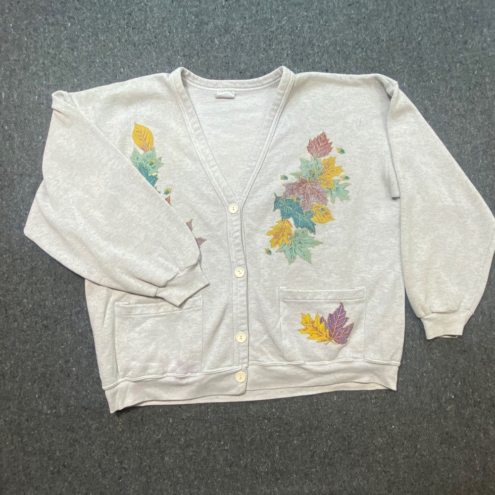 Active Wear Sweatshirt Cardigan‎ L Womens Gray Vintage Fall Leaf Graphic Pockets
